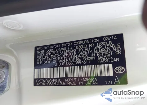 2014 Toyota Yaris L (Tmc/Cbu Plant) из США, поврежденный, VIN JTDJTUD35ED594611